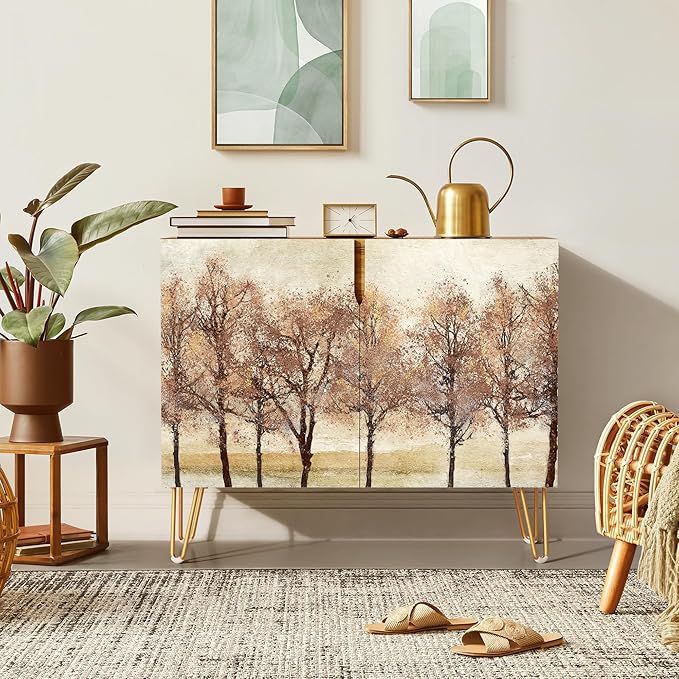 SIGNWIN Sideboard Buffet Cabinet, Kitchen Storage Cabinet with 2 Doors, Autumn Pastel Watercolor Forest Trees, Cupboard Console Table for Dining Room - 35" L x 18" W x 29" H