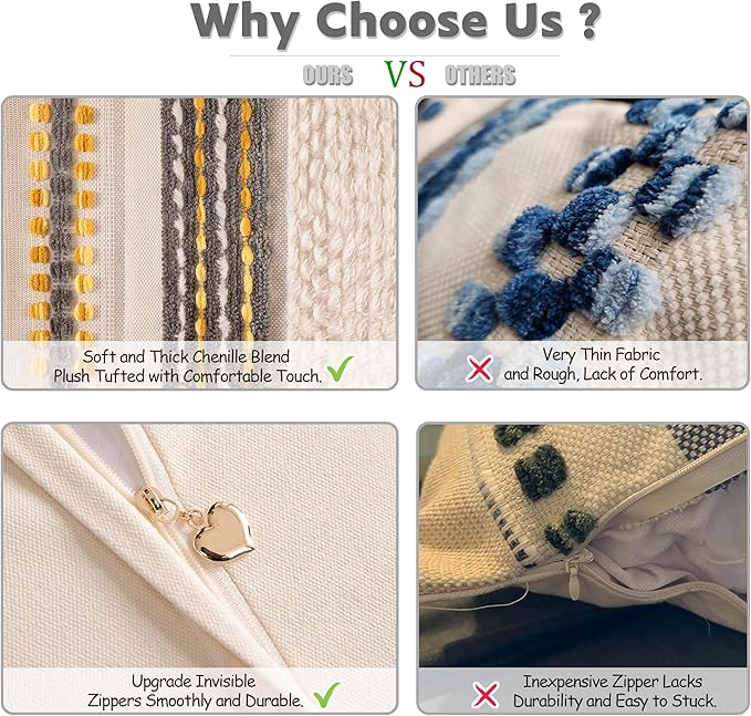 Boho Chenille Tufted Couch Throw Pillow Covers 18x18 Inch Set of 2 Farmhouse Striped Decorative Pillow Covers Accent Neutral Pillowcase Grey Yellow Cushion Cover for Living Room Sofa Bed