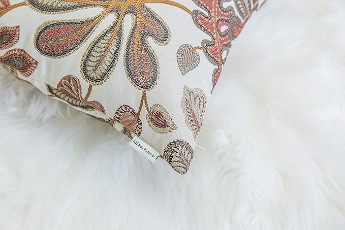 Mika Home Set of 2 Jacquard Tropical Leaf Pattern Throw Pillow Covers Decorative Pillowcase 20X20 Inches,Coral Cream