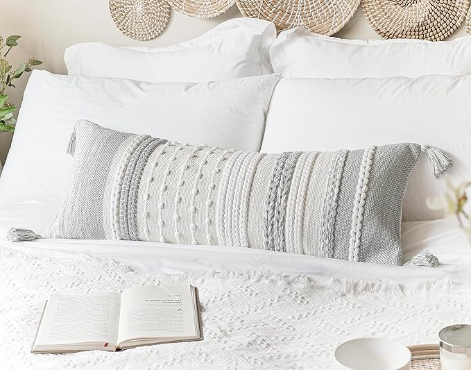 BlissBlush Gray Decorative Lumbar Pillow Cover 14x36, Grey Boho Long Body Pillow for Bed, Farmhouse Lumbar Throw Pillow for Couch, Modern Accent Textured Throw Pillowcase