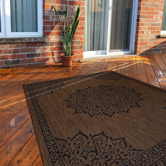 CAMILSON Outdoor Rug 8x10 Medallion Nut Brown Black Modern Area Rugs for Indoor and Outdoor Patios, Kitchen and Hallway Rug, Washable Porch Deck Outside Carpet (8 x 10)