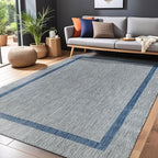 Bordered Outdoor Rug 9x12 Washable Outside Carpet for Indoor Patio Porch Waterproof Easy Cleaning Non Shedding Area Rugs Silver Gray - Blue 9 x 12