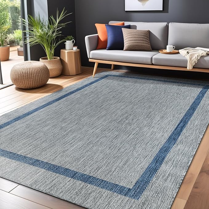 Bordered Outdoor Rug 9x12 Washable Outside Carpet for Indoor Patio Porch Waterproof Easy Cleaning Non Shedding Area Rugs Silver Gray - Blue 9 x 12
