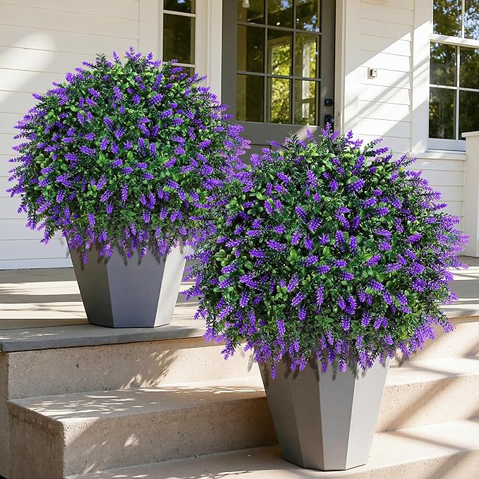 HyeFlora 2 Pack Artificial Topiary Boxwood Ball Trees with Lavender Fake Plants for Outdoor Indoor Artificial Shrubs with Ground Spike UV Resistant Fake Bushes for Front Porch Garden (Purple)