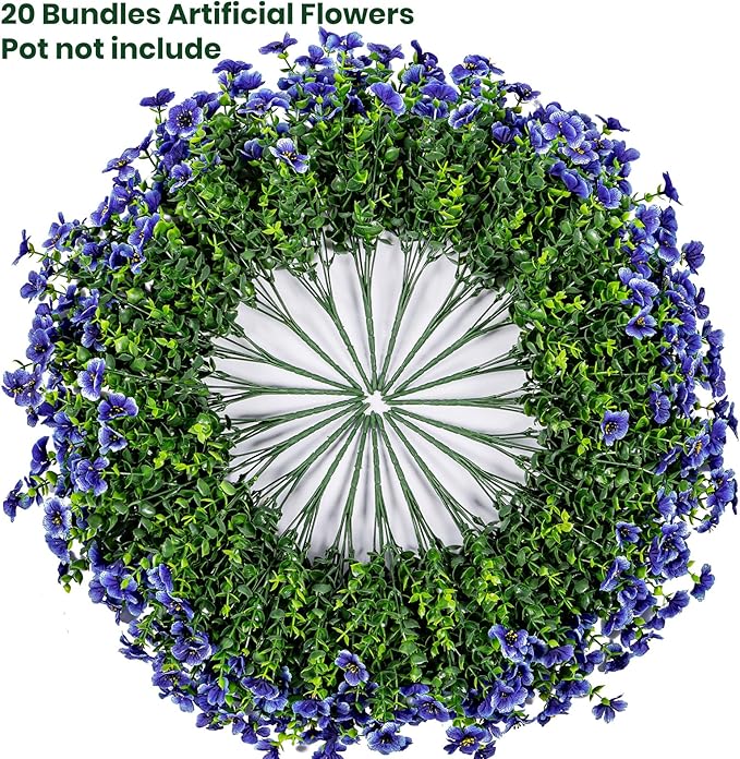 20 Bundles Artificial Flowers for Outdoor Fake Plants for Spring Decoration,Faux Eucalyptus Flowers for Planter UV Resistant Lifelike for Home Porch Garden（Blue）