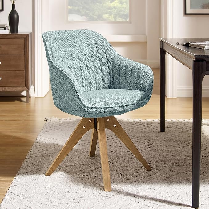 Art Leon Desk Chair No Wheels - Mid Century Modern Office Chair, Swivel Accent Chair with Oak Wood Legs, Fabric Upholstered Arm Chair, Light Blue