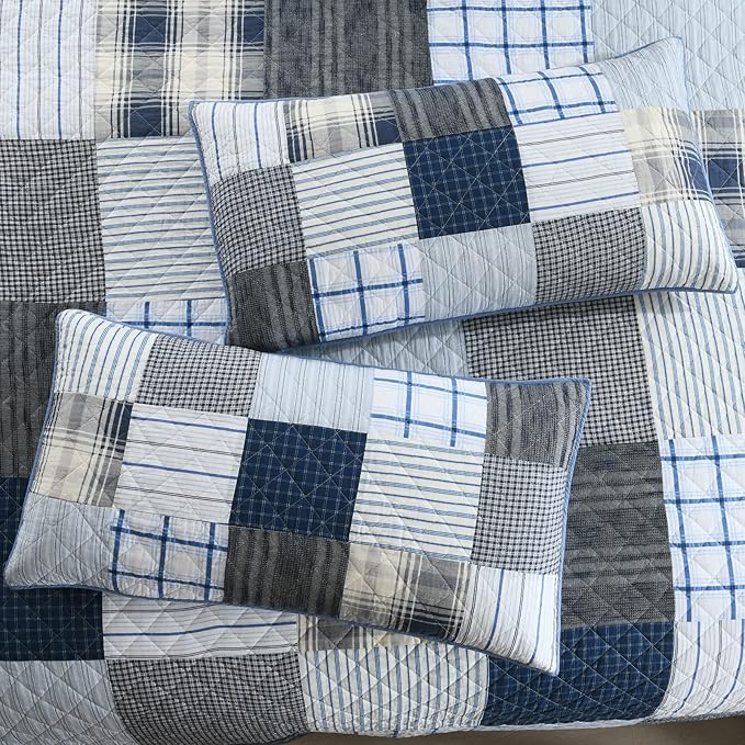 Yvooxny Queen Quilt Set Bedspread Reversible Plaid Grid Quilted Bedspread 3-Piece Real Patchwork Quilt Bedding Set ith Shams for All Seasons, Queen Size, 98 * 90 Inches