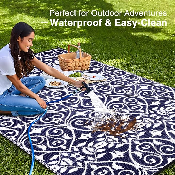 OLANLY Outdoor Rug Waterproof 6x9 ft Clearance, Reversible Outdoor Plastic Straw Rug with Floral Pattern, RV Mat for Patio, Camping, Balcony, Deck, Backyard, Navy & White