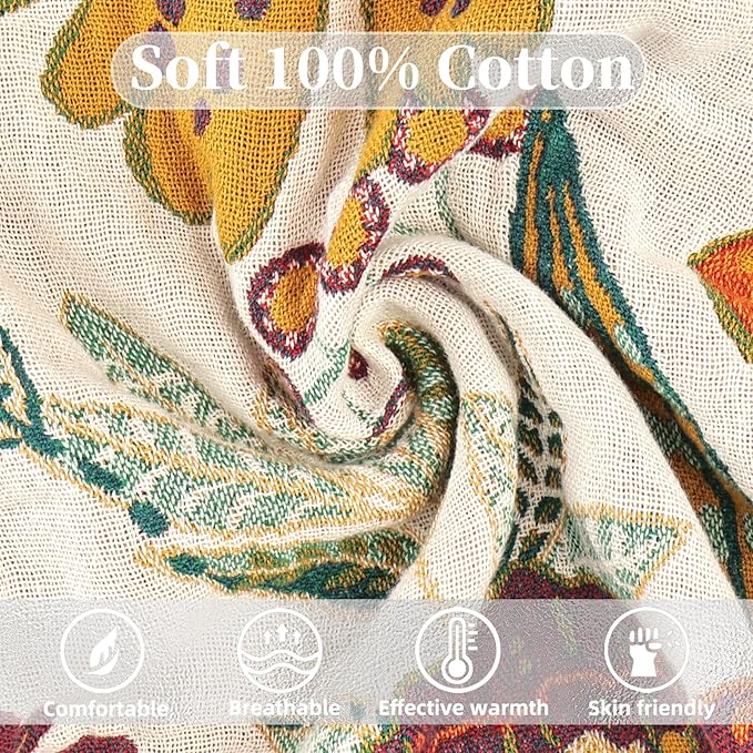 Boho Throw Blanket for Bed - 100% Pure Cotton Ultra Soft Rustic Quilt - Farmhouse Decor Bed Blankets, All Season Rustic Throw for Sofa Couch Chair(80''x 90'', Floral Blossom)