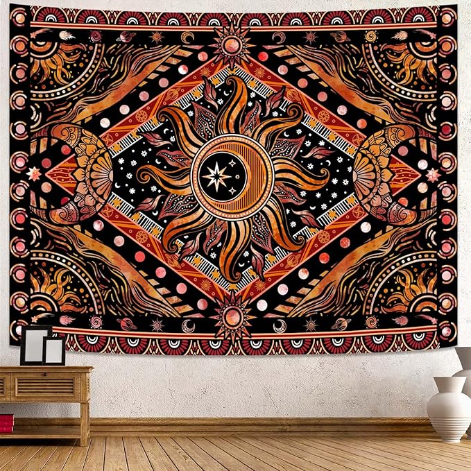Lunerfex Hippie Sun and Moon Tapestry Bohemian Celestial Tapestry Aesthetic Tapestries for Bedroom and Living Room Decor Sun and Moon 44×60 Inches