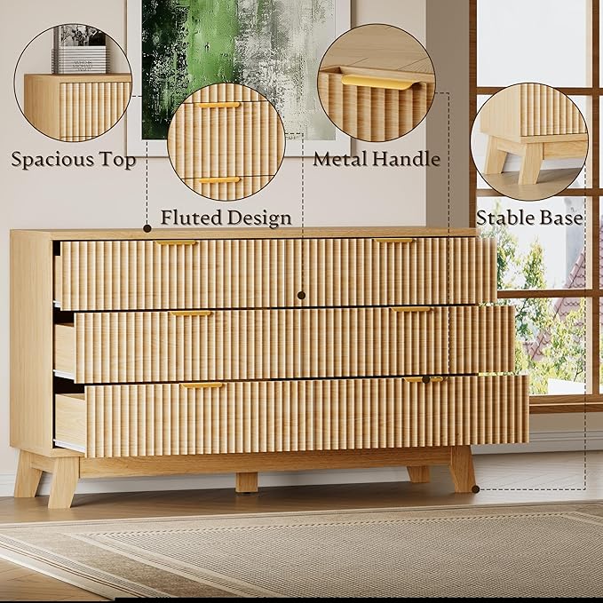 53" Long Dresser for Bedroom, 6-Drawer Dresser with Fluted Fronts, Wide Wood Chest of Drawers, Smooth Metal Slides, Stable Base, Modern Clothes Storage Cabinet for Living Room, Hallway