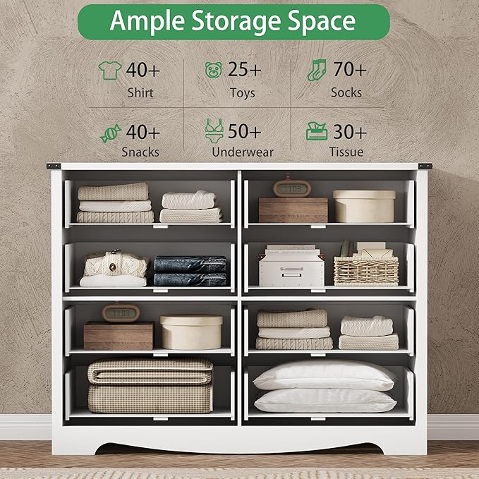 Dresser for Bedroom with 8 Drawers, 48" Wide Wood Chest of Drawers with Deep Drawers & Mental Handle, Modern Dresser TV Stand, Wooden Closet Storage Organizer for Living Room, Hallway, Entryway, White