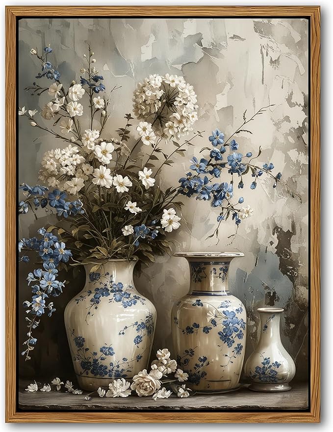 Floating Framed Farmhouse Floral Canvas Wall Art, Vintage Blue and White Flower Pictures Wall Decor, Elegant Art Jar Posters Print for Living Room Bedroom Bathroom Rustic Decor 8x10 inch