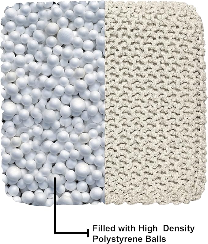REDEARTH Square Pouf Ottoman Foot Stool - Hand Knitted Bean Bag - Cord Boho Pouffe - Accent Poof for Living Room - Nursery - Bedroom - Kids Bedroom - Patio - 100% Cotton (16" x 16" x 16") - Ivory