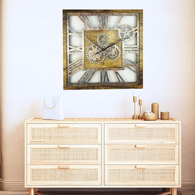 The Gears Clock 24'' Inch Square Real Moving Gear Wall Clock Vintage Industrial Oversized Rustic Farmhouse (Gold Antique)