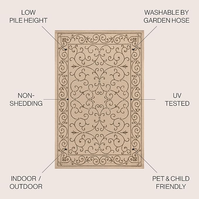 JONATHAN Y Vintage Filigree Indoor Outdoor Area Rug 5X8 Beige/Brown, Charleston Textured Weave for Backyard, Patio, Porch, Easy-Cleaning, High Traffic, Pet-Friendly, Non-Shedding (SMB106A-5)