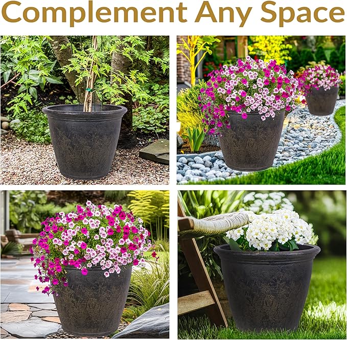 Sunnydaze 24-Inch Anjelica Large Plastic Pot for Plants - Outdoor Polyresin Round Planter with Drillable Drainage Holes - Sable - 4pk