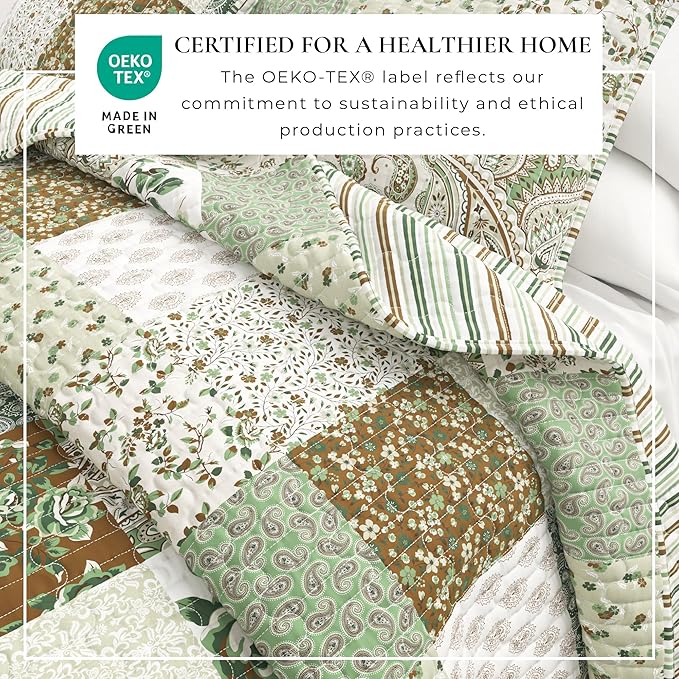 Great Bay Home 3-Piece Full/Queen Microfiber Quilt Set with Shams - Patchwork Floral Reversible Design - Lightweight, All-Season, Layerable Bedding Set (Floral Grid - Brown)