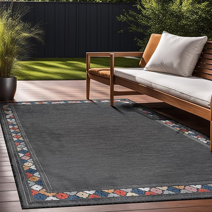 Beverly Rug Outdoor Rug 5x7 Modern Bordered Area Rugs for Indoor and Outdoor Patio Easy to Clean Non Shedding Living Room Porch Garden Washable Outside Carpet (5 x 7 Dark Gray)