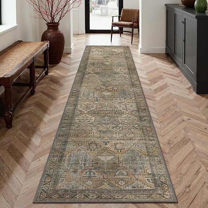 GENIMO 3x7 Runner Rugs for Hallway, Machine Washable Non Slip Vintage Rugs, Low Pile Lightweight Soft Print Rug for enrtyway, Corridor, Home Office, Kitchen, Warm Taupe