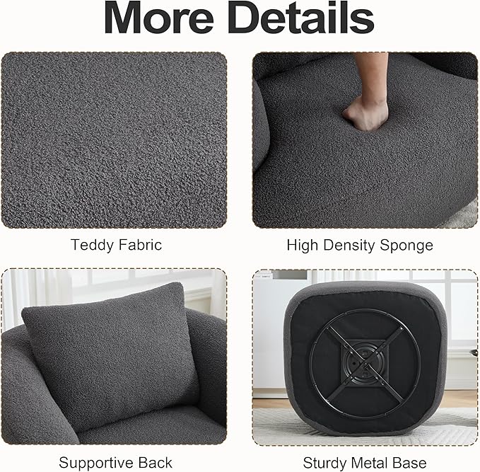 Luxlen Swivel Accent Chair with Pillow for Living Room, Teddy Fleece Upholstered Single Sofa, 360° Rotating Barrel Chair with Metal Base for Bedroom, Office, Apartment - Dark Gray