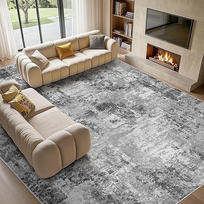 Tortania Washable 10x14 Area Rug for Living Room: Modern Abstract Neutral Large Soft Thin Rugs - Non Slip Indoor Carpet for Bedroom Dining Room Office Nursery Home Floor Decoration - Grey