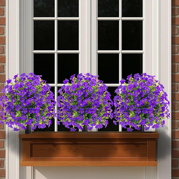 22.8" Set of 2 Fall Artificial Boxwood Topiary Ball Trees with Spikes,UV Resistant Fake Outdoor shrubs with Violet Flowers, Realistic Faux Plants Bushes for Garden Porch Yard Patio Decor(Purple)