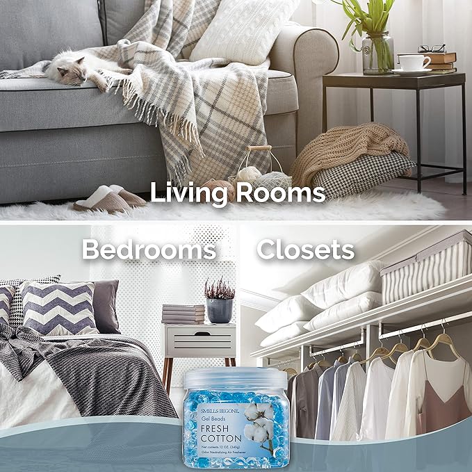 SMELLS BEGONE Odor Eliminator Gel Bead Value Pack - 72 oz - Air Freshener - Made with Essential Oils - Eliminates Odors in Bathrooms, Pet Areas, Cars, & Boats - Fresh Cotton Scent