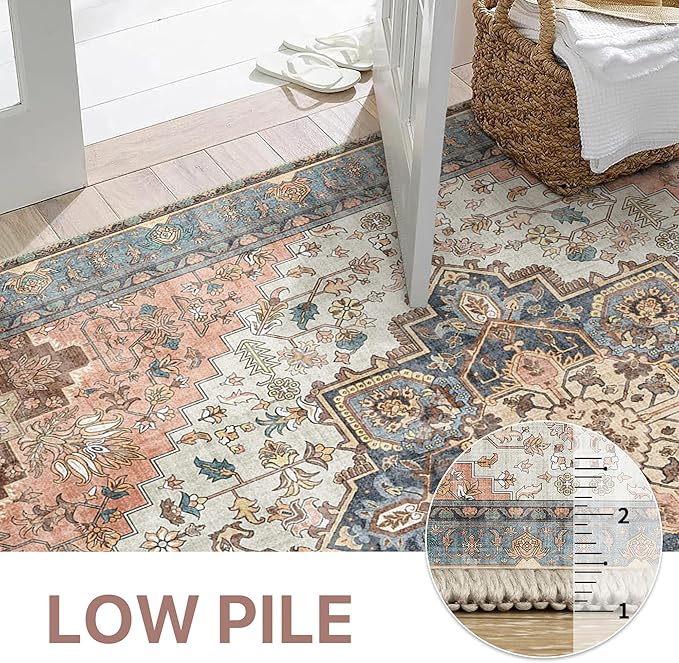 GENIMO 2x10 Runner Rugs for Hallway, Machine Washable Non Slip Vintage Rugs, Low Pile Lightweight Soft Print Rug for enrtyway, Corridor, Home Office, Kitchen, Blue Brick Red