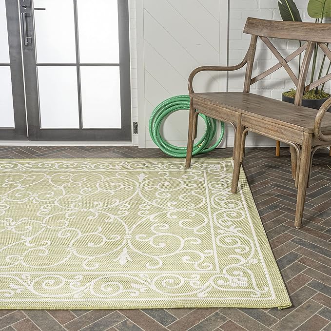 JONATHAN Y Vintage Filigree Indoor Outdoor Area Rug 8X10 Green/Cream, Charleston Textured Weave for Backyard, Patio, Porch, Easy-Cleaning, High Traffic, Pet-Friendly, Non-Shedding (SMB106H-8)