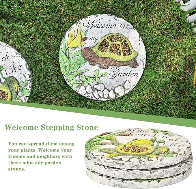 Sungmor 3PC Pretty Garden Stepping Stones, 9.8" Large Concrete Decorative Stones with Beautiful Pattern, Unique Outdoor Lawn Accents, Yard Walkway Flower Bed Wall Shelf Welcome Friends Decorations