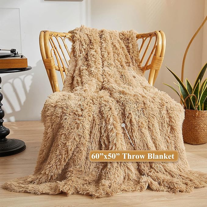 XeGe Plush Faux Fur Throw Blanket, Camel Luxurious 50x60 Shaggy Furry Blanket, Fluffy Microfiber Velvet Couch Throw, Ultra Soft Fuzzy Office Throw, Winter Fall Lap Blanket for Sofa Bed Camel