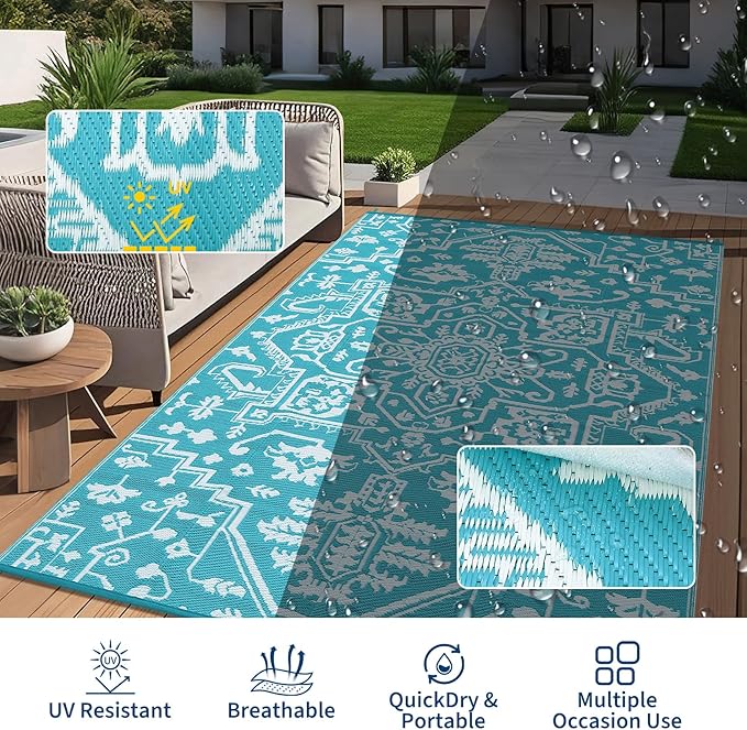 Outdoor Rug 8x10 Waterproof Reversible Plastic Straw Mat, UV-Resistant Vintage Medallion Camping Carpet for Patio, Deck, Balcony, Picnic, Large Outside Floor Mat, Light Blue/White