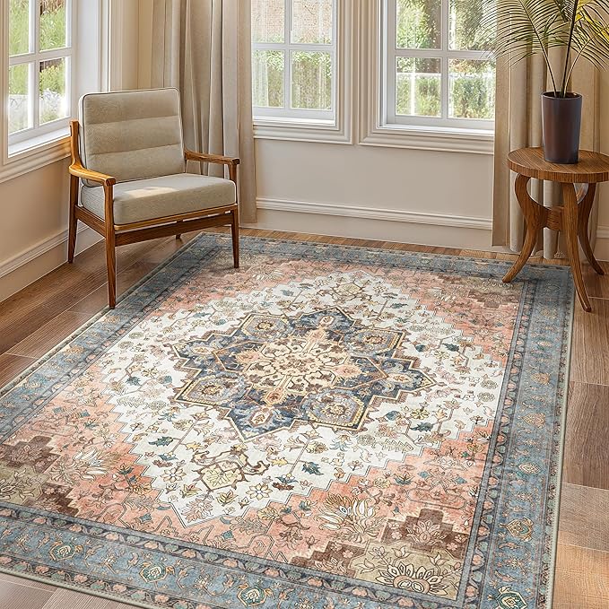 GENIMO 9x12 Area Rugs for Living Room, Non Slip Machine Washable Vintage Rugs, Low Pile Lightweight Chenille Print Large Rug for Bedroom, Dining Room, Home Office, Blue Brick Red