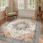 GENIMO 8x10 Area Rugs for Living Room, Machine Washable Non Slip Vintage Retro Rugs, Low Pile Lightweight Chenille Print Rug for Bedroom, Dining Room, Home Office, Blue Brick Red