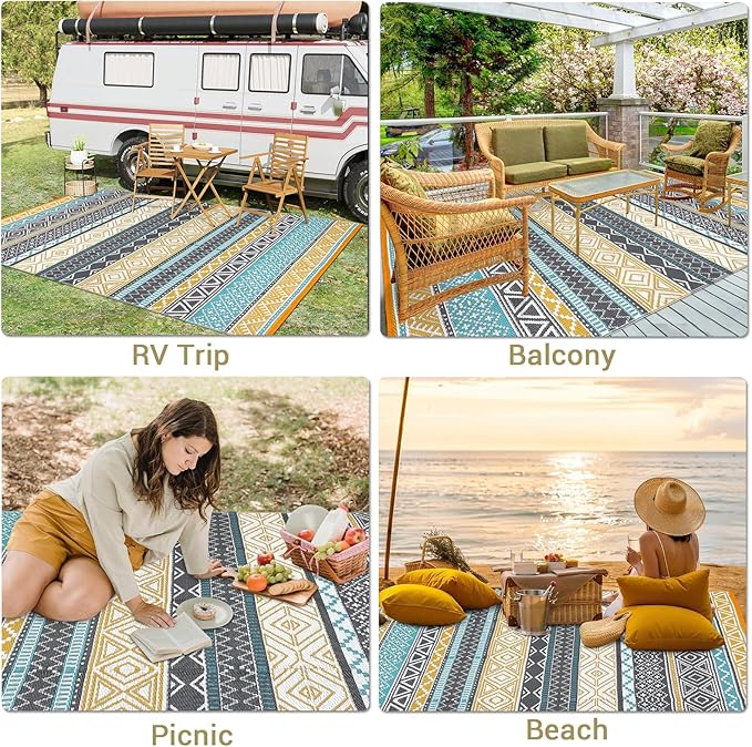 GAOMON Outdoor Rug for Patio 5'x8' Reversible Plastic Rugs Camping Mat for Outdoor, RV, Backyard, Deck, Balcony, Picnic, Beach, Teal/Yellow(Bohemia)