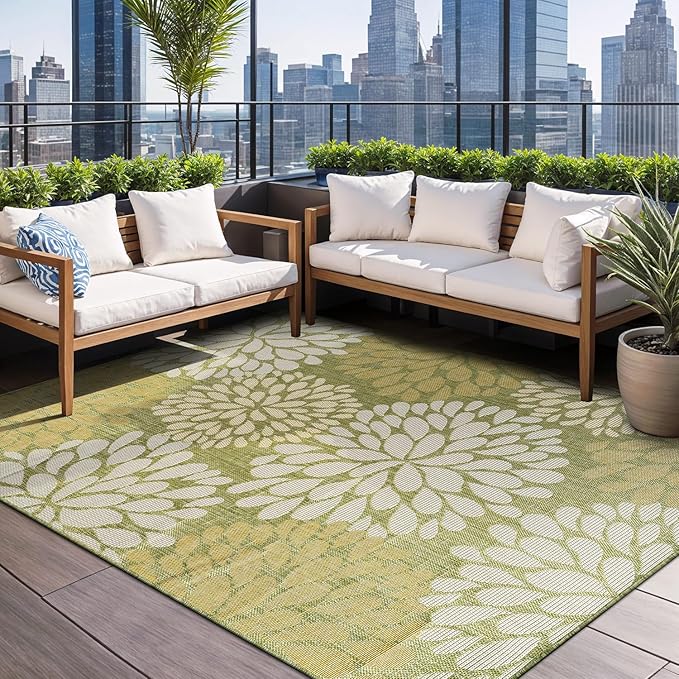 Beverly Rug Outdoor Rug 10x14 Modern Exotic Tropical Leaf Area Rugs for Indoor and Outdoor Patio Deck Porch Garden Water Resistant Washable Outside Carpet (10 x 14 Green)