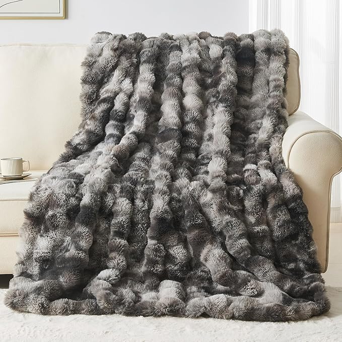 Lotus Karen Faux Fur Blanket Tie-Dye Dark Gray Twin Size - Big Bubble Rabbit Fluff Throw for Couch Small Fluffy Fuzzy Cozy Thick Furry Plush Shaggy Blankets 90x90 Inches