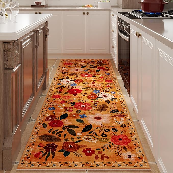 Runner Rug for Hallways Kitchen Rug Non Slip 2'6''x8' Washable Runner Rugs with Rubber Backing Soft Floral Carpet Runner for Hallways, Kitchen, Laundry, Bedroom, Bathroom(Yellow)