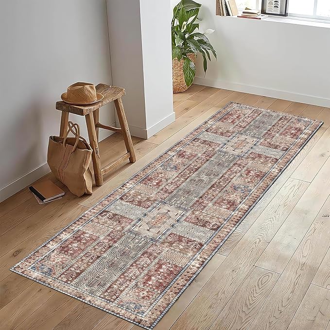 Vintage 2'6'' x 8' Washable Area Rug - Stylish Indoor Rug for Living, Dining or Bedroom - Lightweight Carpet with Non-Slip Backing - Foldable for Easy Placement and Maintenance - Rust