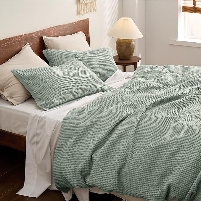 Bedsure Cotton Duvet Cover King - 100% Cotton Waffle Weave Sage Green Duvet Cover King Size, GentleSoft™ and Breathable Bedding Set for All Season, 3 Pieces, 104"x90"
