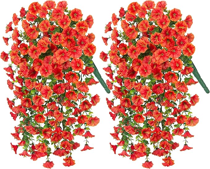 Artificial Faux Fall Hanging Flowers Plants for Outdoor Decor,2 PCS Fake Silk Morning Glory with Eucalyptus UV Resistant Realistic Mums for Wall Home Porch Patio Balcony Yard Indoor Decor, Orange