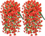 Artificial Faux Fall Hanging Flowers Plants for Outdoor Decor,2 PCS Fake Silk Morning Glory with Eucalyptus UV Resistant Realistic Mums for Wall Home Porch Patio Balcony Yard Indoor Decor, Orange