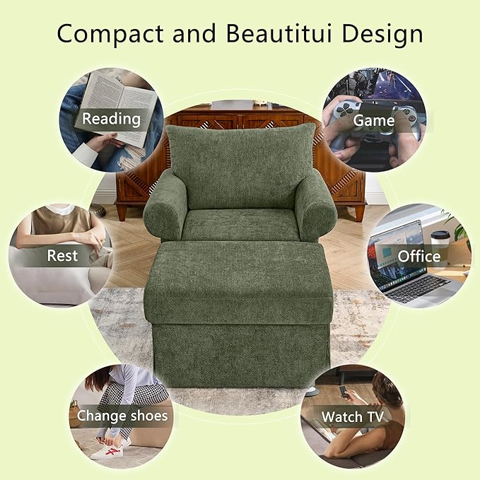 35.82” Accent Chair with Ottoman Upholstered Living Room Chairs for Reading Chair with Chaise Lounge Chairs Indoor, Comfortable Armchair for Bedroom (Green, 35.82")