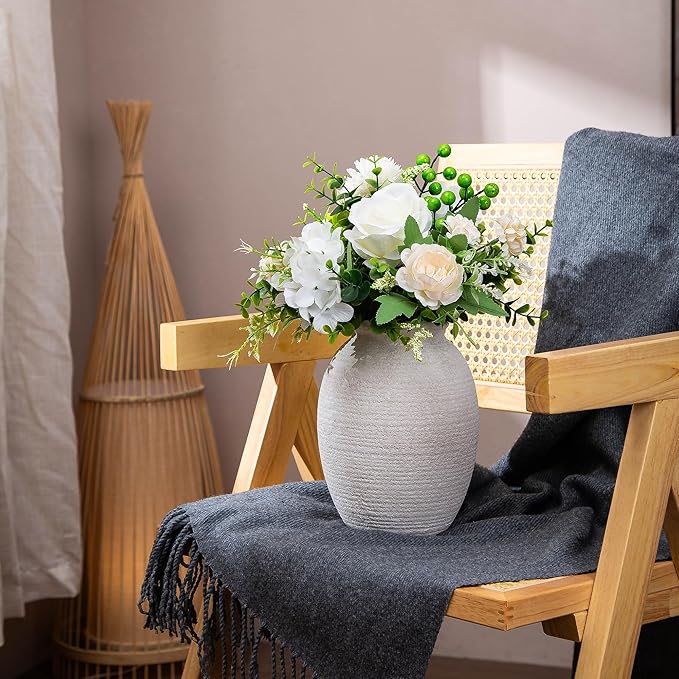 8 Inch White Ceramic Vase - Rustic Vintage Decorative Vase for Home - Farmhouse Pottery Vase for Flowers - Modern Vintage Dining Table Centerpiece， Lyeec Vases Set