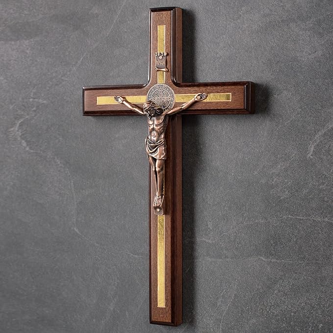 Asterom St Benedict Crucifix Wall Cross - Handmade Saint Benedict Wood Cross Wall Decor - Catholic Crucifix - 12 Inch