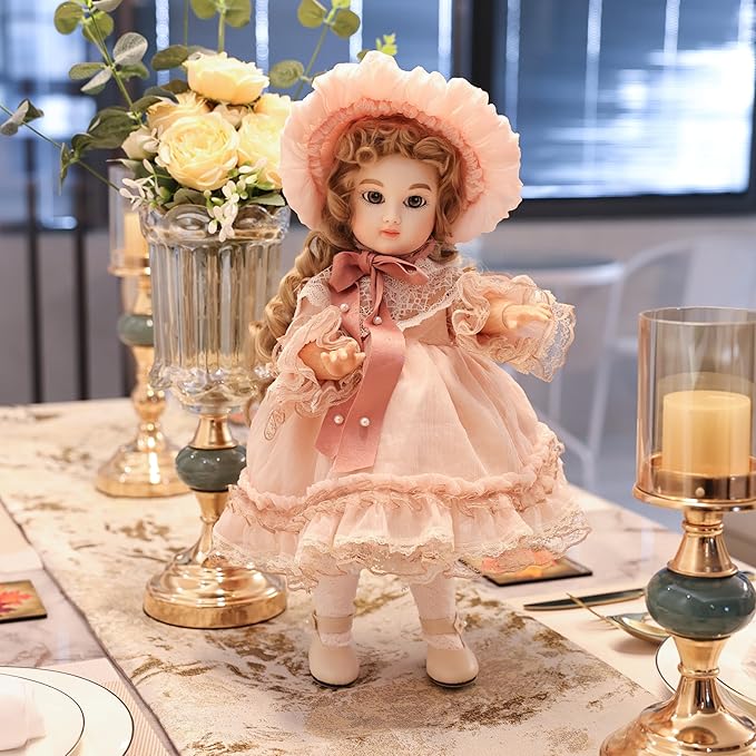16-Inch BJD Vinyl Bisque Doll, Scale Poseable Vintage Court Doll with Victorian Dress, Collectible Doll with Gift Box for Display, Decoration, Birthday Gift Name Porcelosia (Pink)