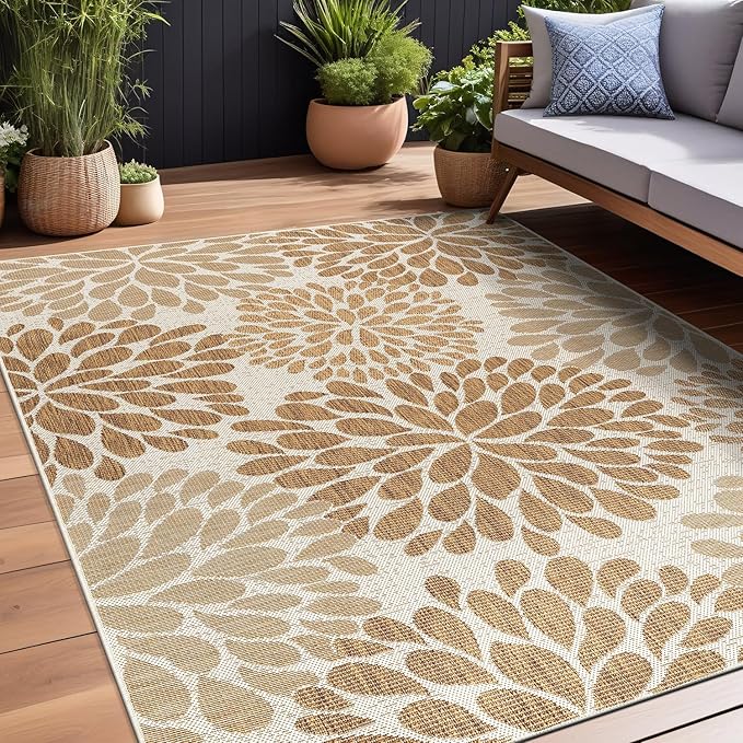 Beverly Rug Outdoor Rug 10x14 Modern Exotic Tropical Leaf Area Rugs for Indoor and Outdoor Patio Deck Porch Garden Water Resistant Washable Outside Carpet (10 x 14 Beige)