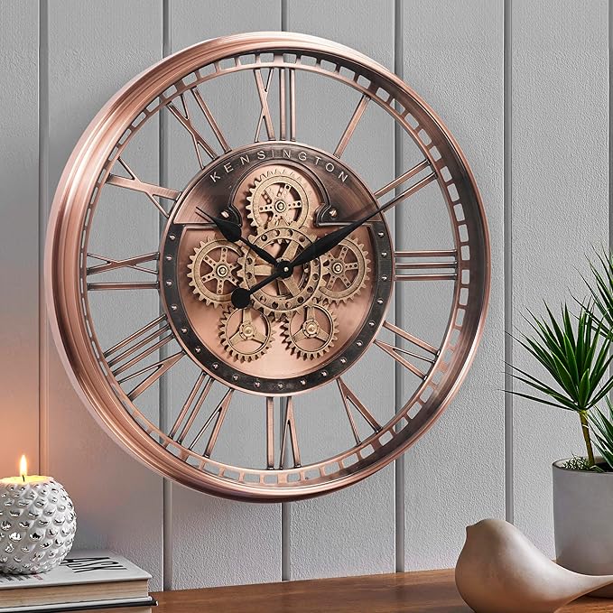 CLXEAST 28 Inch Oversized Large Moving Gears Wall Clock,Industrial Vintage Rose Gold Silent Wall Clock for Modern Farmhouse Living Room Home Decor,Copper Finish