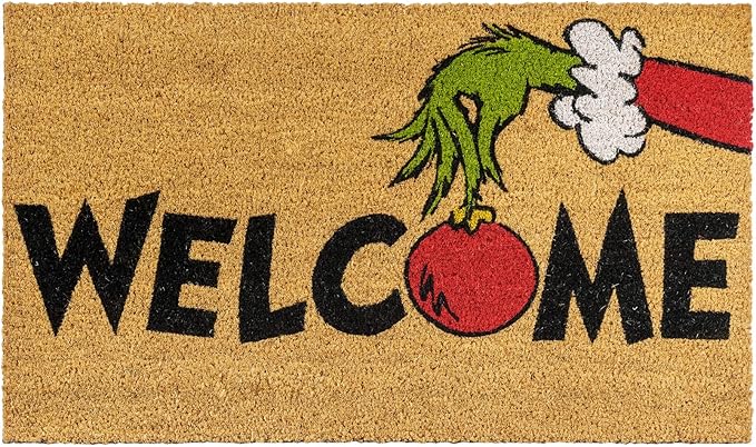 Gertmenian Disney Mickey Mouse Doormat Rug Retro Front Door Coir Mat Home Indoor Outdoor Entryway Carpet, 2-Pack 20x34, The Grinch Welcome/Merry Grinchmas